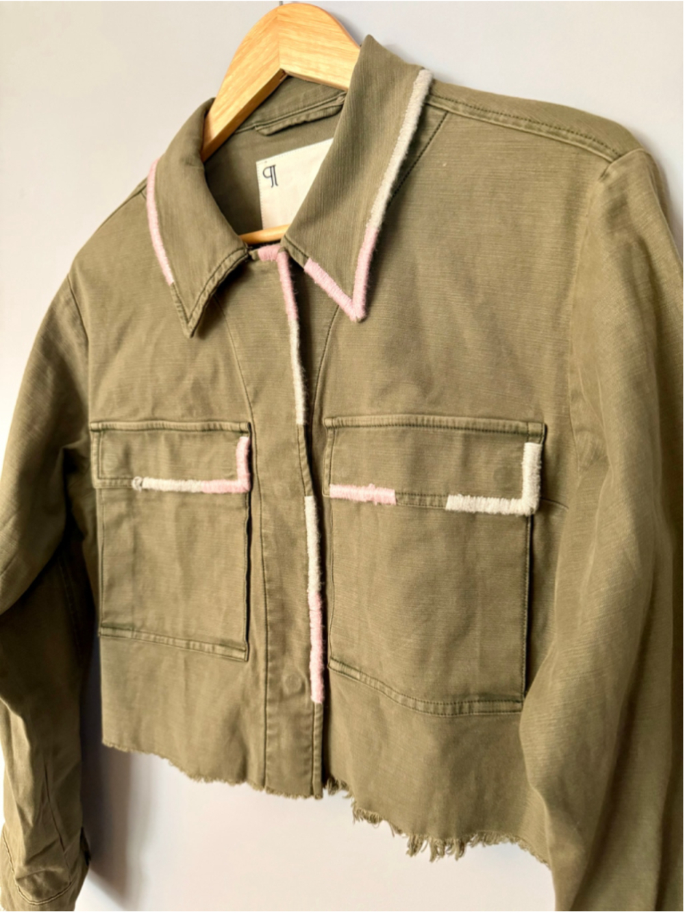 Olive Cropped Utility Jacket with Pink Trim - Picture 3 of 7